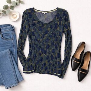 Sandwich Textured Long Sleeve Top Size Large Navy Lime Modern European Fitted